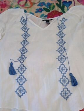Lucky Brand White Peasant Blouse with Blue Embroidery And Tassels